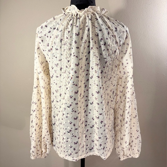 Knox Rose Boho Floral Embroidered Lace Peasant Top Cream Purple Tassel Tie Sz S - Picture 10 of 15